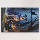 Blauwde Heeler-hond Whimsical Halloween-schilderij Legpuzzel (Horizontaal)