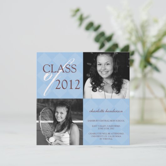 Blauwdiamantvierkant foto afstuderen aankondiging (Staand voorkant)