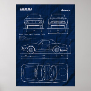 Blauwdruk Fiat Dino 2400 Spider Poster