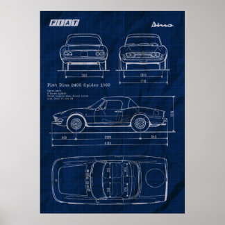 Blauwdruk Fiat Dino 2400 Spider Poster