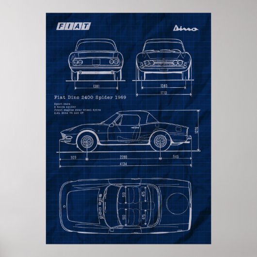 Blauwdruk Fiat Dino 2400 Spider Poster (Voorkant)