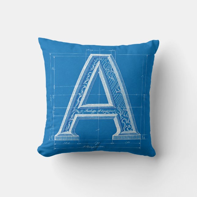 Blauwdruk Monogram Letter A Kussen (Voorkant)
