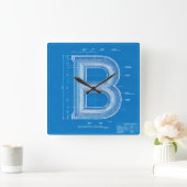 Blauwdruk Monogram Letter B Vierkante Klok (Huis)