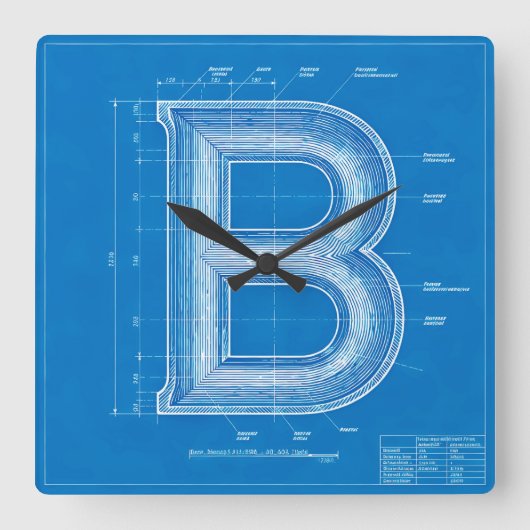 Blauwdruk Monogram Letter B Vierkante Klok (Voorkant)