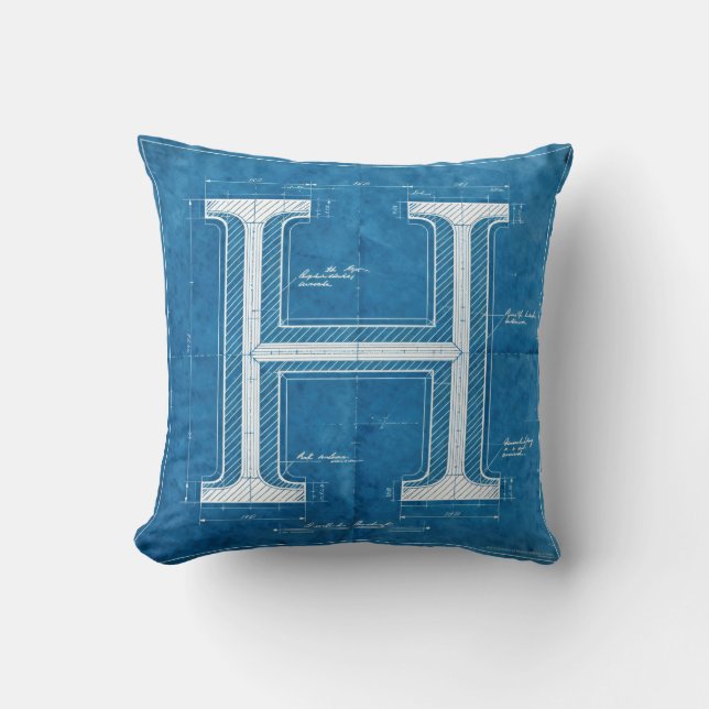 Blauwdruk Monogram Letter H Kussen (Voorkant)
