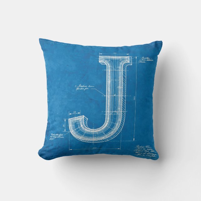 Blauwdruk Monogram Letter J Kussen (Voorkant)