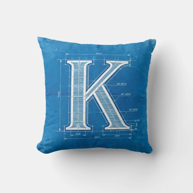Blauwdruk Monogram Letter K Kussen (Voorkant)