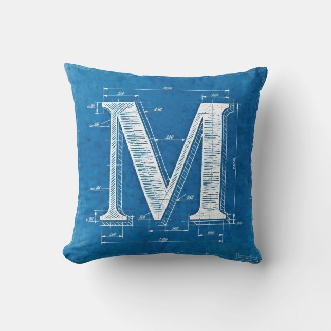 Blauwdruk Monogram Letter M Kussen (Voorkant)