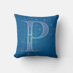 Blauwdruk Monogram Letter P Kussen