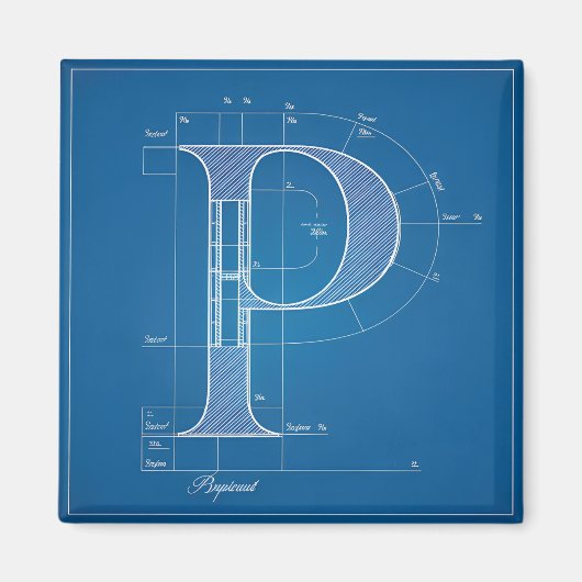 Blauwdruk Monogram Letter P Magneet (Voorkant)