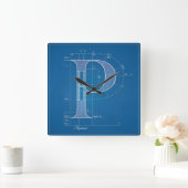 Blauwdruk Monogram Letter P Vierkante Klok (Huis)
