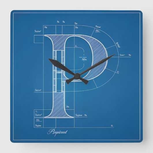 Blauwdruk Monogram Letter P Vierkante Klok (Voorkant)