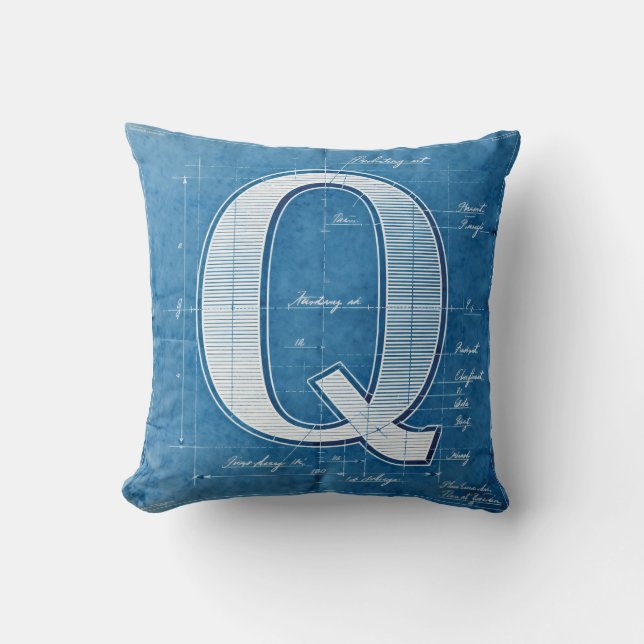 Blauwdruk Monogram Letter Q Kussen (Voorkant)