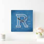 Blauwdruk Monogram Letter R Vierkante Klok (Huis)