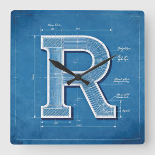 Blauwdruk Monogram Letter R Vierkante Klok