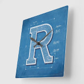 Blauwdruk Monogram Letter R Vierkante Klok (Hoek)