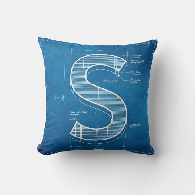 Blauwdruk Monogram Letter S Kussen (Voorkant)