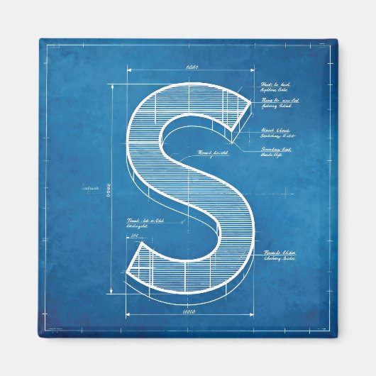 Blauwdruk Monogram Letter S Magneet (Voorkant)