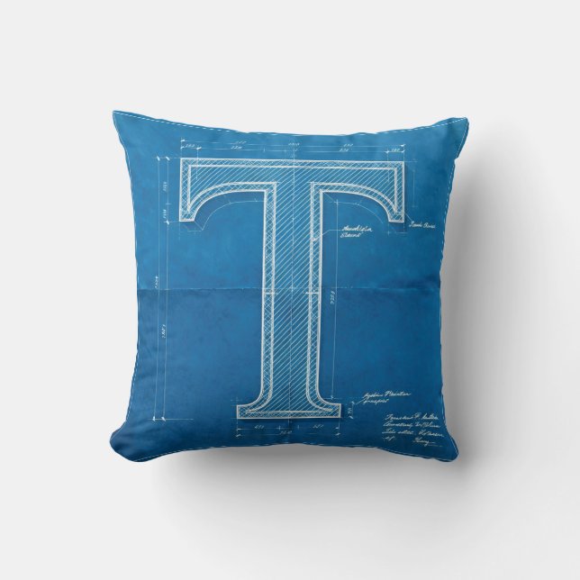Blauwdruk Monogram Letter T Kussen (Voorkant)