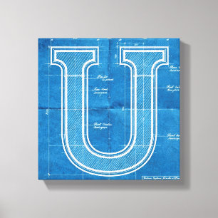 Blauwdruk Monogram Letter U Canvas Afdruk