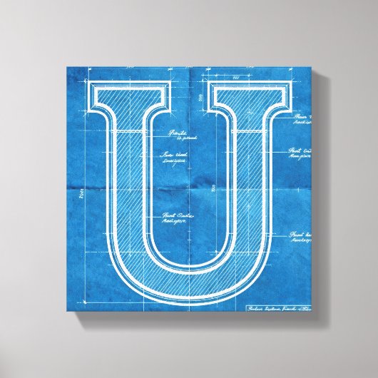 Blauwdruk Monogram Letter U Canvas Afdruk (Voorkant)
