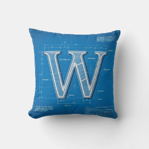 Blauwdruk Monogram Letter W Kussen