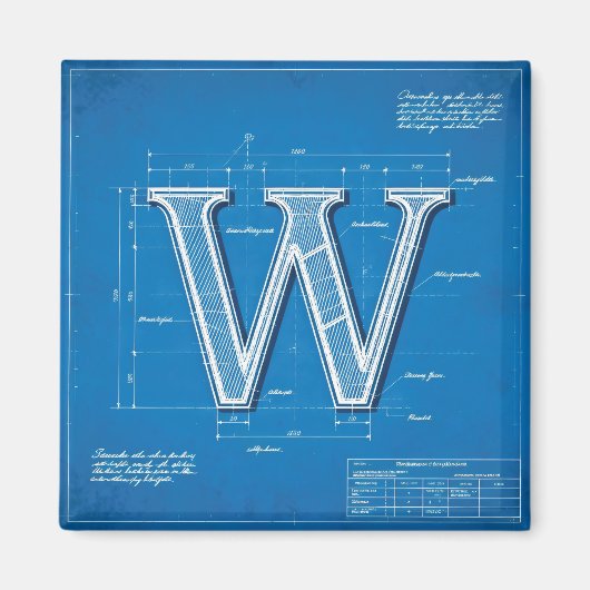Blauwdruk Monogram Letter W Magneet (Voorkant)