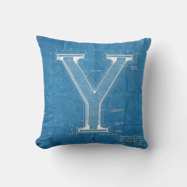 Blauwdruk Monogram Letter Y Kussen (Voorkant)