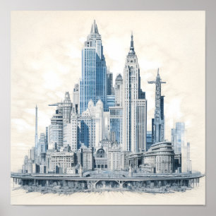 Blauwdruk Stijl Ontwerp van een Stad Poster