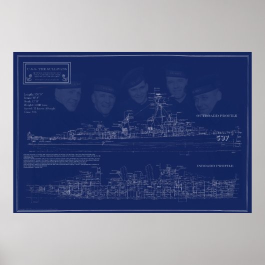 blauwdruk van de USS The Sullivans DD-537 Poster (Voorkant)
