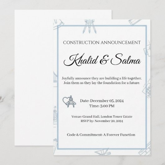 Blauwdruk van Liefde: Trouwkaart met Bouw Thema Ui Kaart (Voorkant / Achterkant)