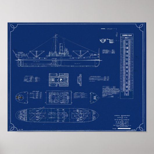 Blauwdruk van meer vrachtschip SS War Dance Print (Voorkant)