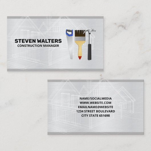 Blauwdrukken | Zaagborstel en hamerpictogram Visitekaartje (Voorkant / Achterkant)