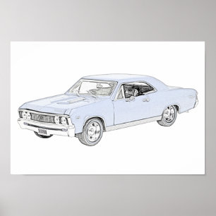 Blauwe 1967 Chevy Chevelle Pencil Stijltekening Poster