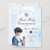 Blauwe 1e Heilige Communie Jongen Biddend Zilveren Kaart (Voorkant)