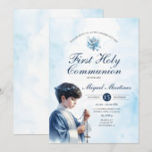 Blauwe 1e Heilige Communie Jongen Biddend Zilveren Kaart (Voorkant / Achterkant)