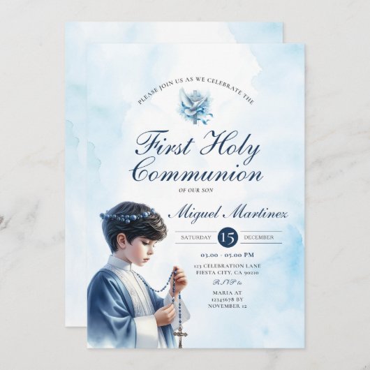 Blauwe 1e Heilige Communie Jongen Biddend Zilveren Kaart (Voorkant / Achterkant)