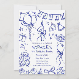 Blauwe 1e verjaardag uitnodiging, Hand getrokken v Kaart