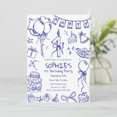 Blauwe 1e verjaardag uitnodiging, Hand getrokken v Kaart (Staand voorkant)