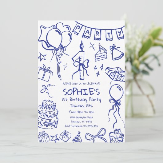 Blauwe 1e verjaardag uitnodiging, Hand getrokken v Kaart (Staand voorkant)
