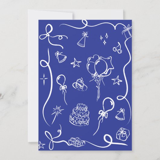 Blauwe 1e verjaardag uitnodiging, Hand getrokken v Kaart (Achterkant)