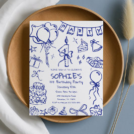 Blauwe 1e verjaardag uitnodiging, Hand getrokken v Kaart