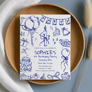 Blauwe 1e verjaardag uitnodiging, Hand getrokken v Kaart