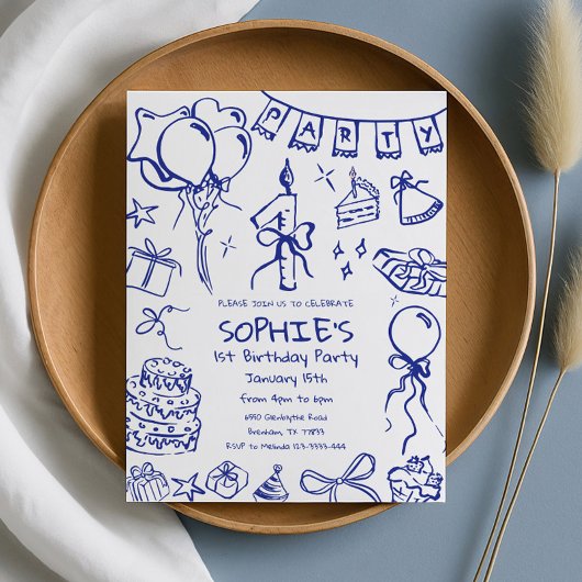 Blauwe 1e verjaardag uitnodiging, Hand getrokken v Kaart