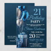 Blauwe 21e verjaardag ballon geschenken kaart (Voorkant / Achterkant)