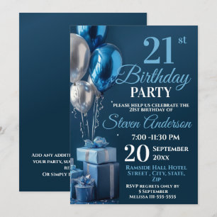 Blauwe 21e verjaardag ballon geschenken kaart
