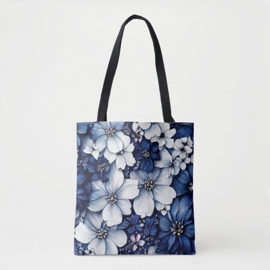 Blauwe 3d bloemen canvas tas voor vrouwen en meisj (Voorkant)