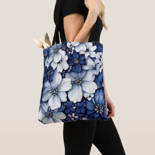 Blauwe 3d bloemen canvas tas voor vrouwen en meisj