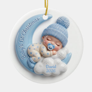 Blauwe 3D Maan Slaande Baby Jongen 1e Kerstmis Keramisch Ornament