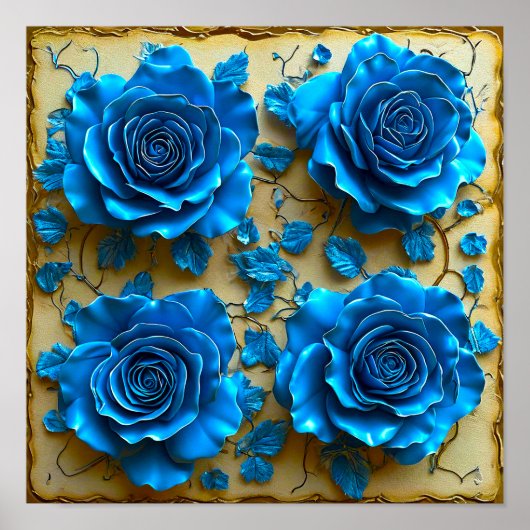 💙 Blauwe 3D Rozen Elegante Bloem Moderne Fantasie Poster (Voorkant)